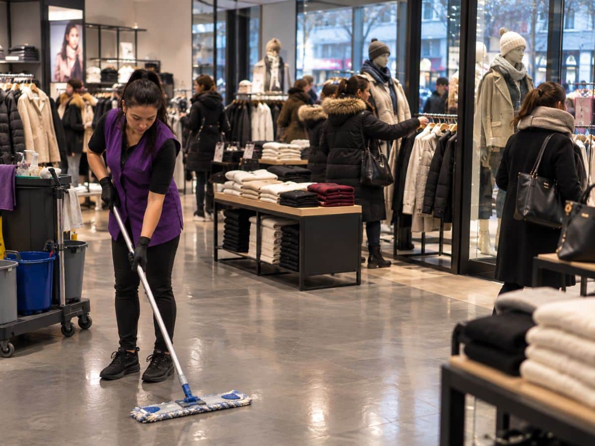 Nettoyage de commerce pendant les soldes d'hiver, tenir le rythme de l'affluence